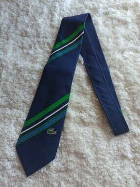 Lacoste Mens Navy Blue Tie with Green White Diagonal Stripes Preppy Career